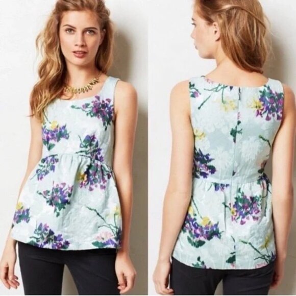 Leifsdottir Floral Brocade Sleeveless Peplum Top Womens Size S Green Purple Yell - Picture 3 of 5